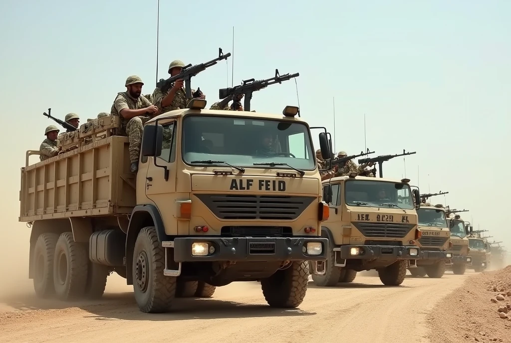 Alafed truck with guns on the back, Afghan fighters, French special forces, heavily armed, Taliban, Kurdish soldiers, heavily armored, military vehicles, military weapons, military equipment, trucks, camouflage clothing, special forces security, modern military equipment, carrying rifles, shoulder mounted guns, Chinese troops invading Iraq,