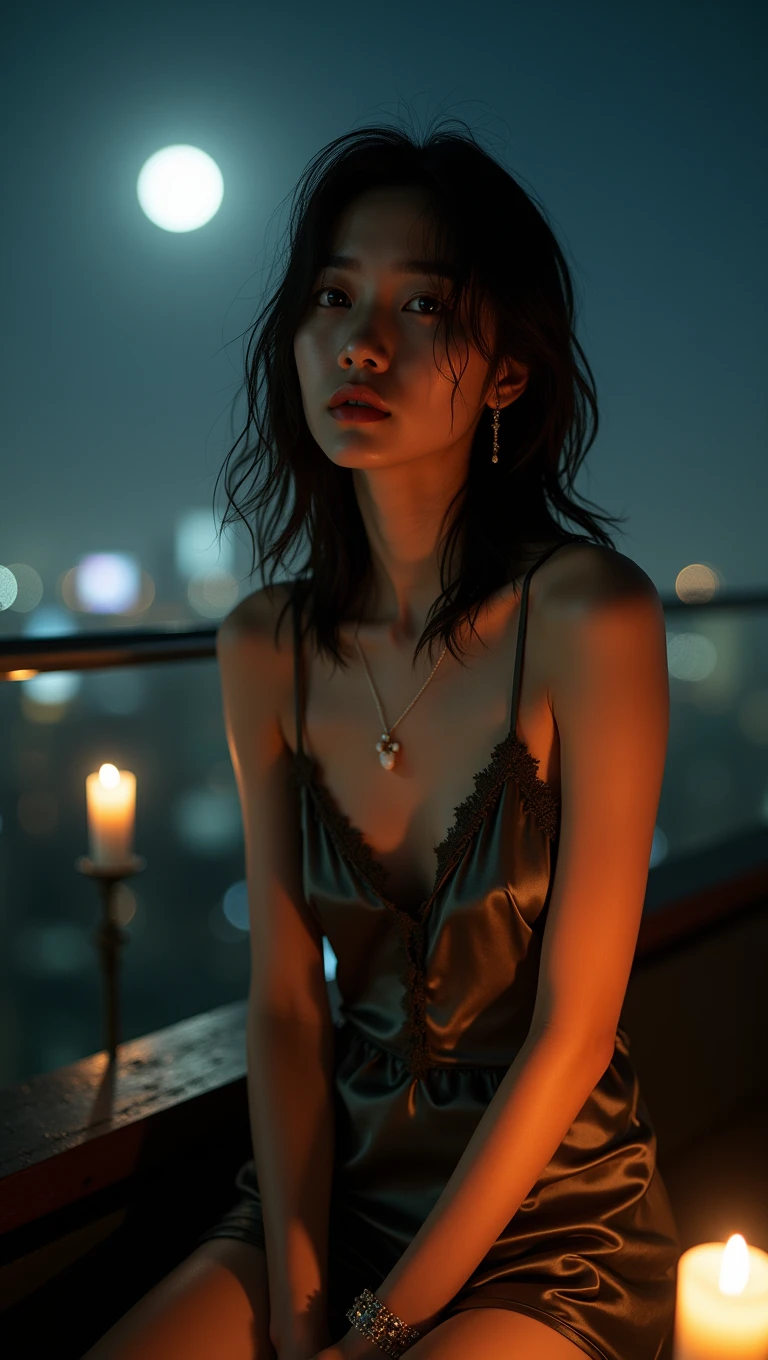 (32K:1.9, Highest quality, masterpiece, Ultra-high resolution), Professional camera work:1.6, Very detailedな肌と顔の質感:1.3, attractive肖像画:1.3, Very accurate, Very detailed, 1 adult Japanese female, ((Amazing night view from the rooftop, The moonlight at night illuminates my body)), (satin silver nightgown:0.5), Incredibly slim body, Fair skin, elegant, Expressions of sadness, (Big eyes that exude beautiful eroticism:0.8, Sad expression:1.0, I love you with all my heart:0.8, Open your mouth a little, lipstick, Feel the beautiful eroticism:0.8), (Wet dark brown medium length hair), Candles, Mid-chest, Earrings, necklace, bracelet, Sensual sitting position, (romantic, dramatic, mysterious), Object of admiration, format, artistic, Innovative, attractive, Stimulate the, Extreme, Tilt, ((Adult charm, Feminine charm, Hair blowing in the wind))