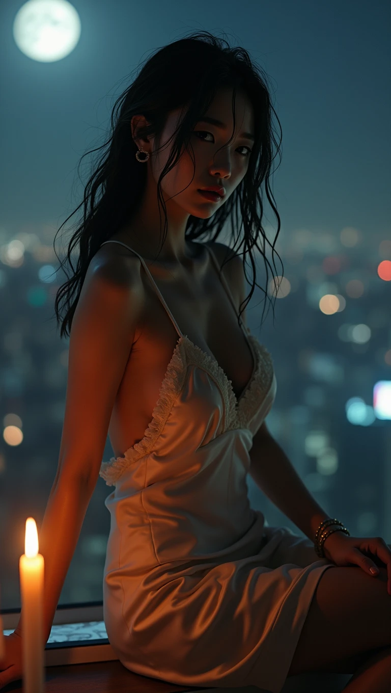 (8k, RAW Photos, Highest quality, masterpiece: 1.2), (Realistic, photoRealistic: 1.37), 1 girl, Japanese people々, Age 25, woman, night, room, View of the city from the window, (Front view), Dark brown hair, Detailed face, Detailed lips, Detailed eyes, More skin, double eyelid, (Huge breasts: 1.5), (Nipple protrusion: 1.3), (Large areola), pubic hair, dark pubic hair, ( Black panties), (See-through shirt, Wet shirt, Open shirt), (Transparent clothing), Transparent clothes, (The shape of the genitals is clearly visible), Perfect body, ((Wet body: 1.5)), Glowing Skin, Sitting, (((Spread your legs)), Sexy pose, Sexy look, eye contact with camera