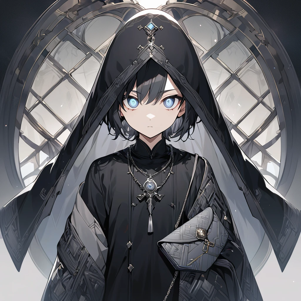 a young anime boy with Hair: Blue black, smooth and short, with a well-kept style.eyeballs: Grayish with an enigmatic glow.badass clothing: Dark cloak with silver rune patterns, over a dark gray tunic. The cloak is light and elegant.Accessories: Antique looking letter bag, with elaborate closures. A necklace with an amulet in the shape of an ancient letter.Additional Features: neutral expression, elegant and reserved, with a look that reveals a deep sense of mystery and sophistication