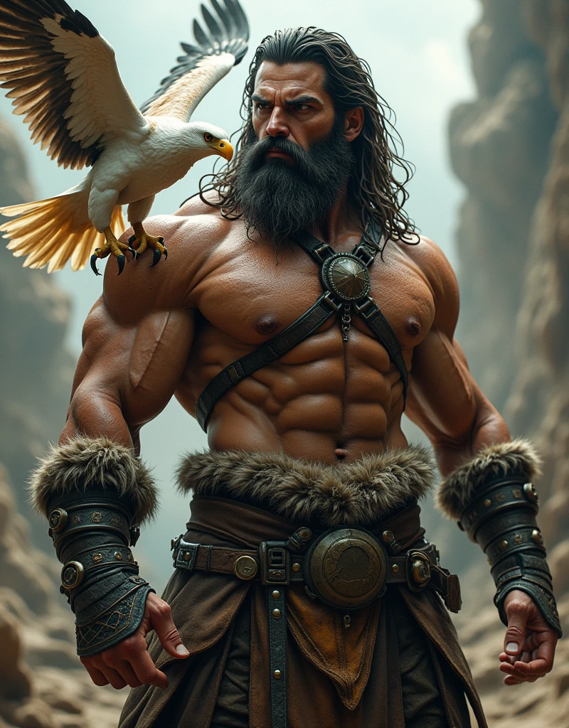 (professional 3d render:1.3) af (Realistic:1.3) most beautiful artwork photo in the world,Features soft and shiny male heroes, ((Epic hero fantasy muscle man rough wet hero angry looking long hair short beard and ferocious expression in dynamic pose, Fantastic location, Majestic cluttered environment)), Full body 8K unified rendering, action shot, skin pore, very dark lighting, heavyshading, Detailed, Detailed face, (vibrant, photograph realistic, Realistic, Dramatic, Dark, Sharp focus, 8K), (Old leather garments damaged by weathering:1.4), ((((Wear fur)))), (Intricate:1.4), decadent, (Highly detailed:1.4), Digital painting, rendering by octane, art stations, concept-art, smooth, Sharp focus, illustration, Art germ, (loish:0.23), wlop ilya kuvshinov, and greg rutkowski and alphonse mucha gracias, (Global illumination, Studio light, volumettic light), heavy rain, and white desset eagle landing on his left hands particles floating, lotr, fantasy, elf, full bodyesbian, (green and beautiful landscape