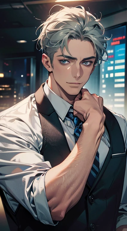 (best quality,4k,8k,highres,masterpiece:1.2),ultra-detailed,(realistic,photorealistic,photo-realistic:1.37),1 man,31 years old,mature man,very handsome,without expression,smile,short grey green hair,blue eyes,penetrating gaze,perfect face without errors,imposing posture,businessman,office background,cinematic lighting,hdr image
