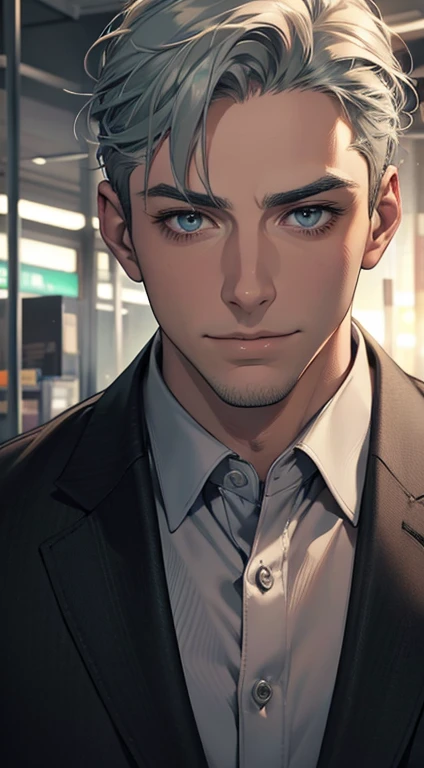 (best quality,4k,8k,highres,masterpiece:1.2),ultra-detailed,(realistic,photorealistic,photo-realistic:1.37),1 man,31 years old,mature man,very handsome,without expression,smile,short grey green hair,blue eyes,penetrating gaze,perfect face without errors,imposing posture,businessman,office background,cinematic lighting,hdr image