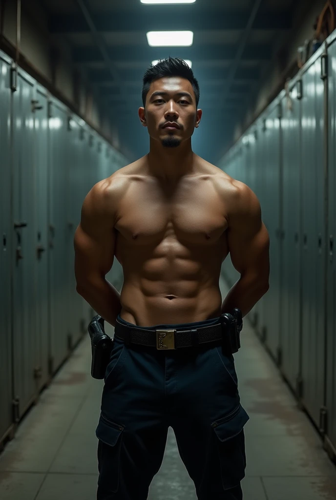 1 handsome Asian guy,27岁policeman,arafed male police 官 in walking down a hallway, , wearing a police , police , full outfit: police, , majestic,Who is Shi Yu?, Li Yuanbin, Kim Hyung Tae, Kim Hyung Tae, Yin Shishan, Handsome Asian muscular guy,Broad shoulders and narrow waist,A handsome guy in police uniform,Form-fitting fabric contours the bust,in a remote warehouse,hands tied behind back,Hands tied behind the back,hands tied behind back,Masculine and sexy,High,Muscles look good,hairy body,Wheat complexion,black eyes(thin eyes 1:3),whole body image