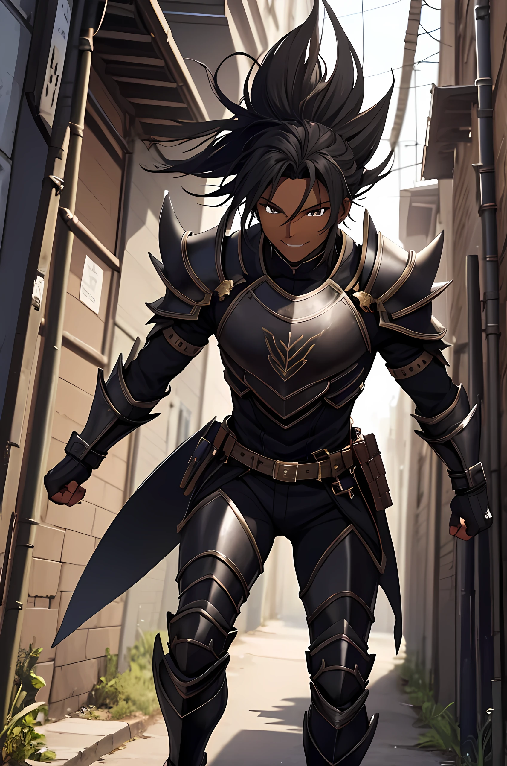 African American male, dark skinned male, long spiky hair, smile, putting on black battle outfit, alleyway, putting armor on, changing clothes, in a hurry