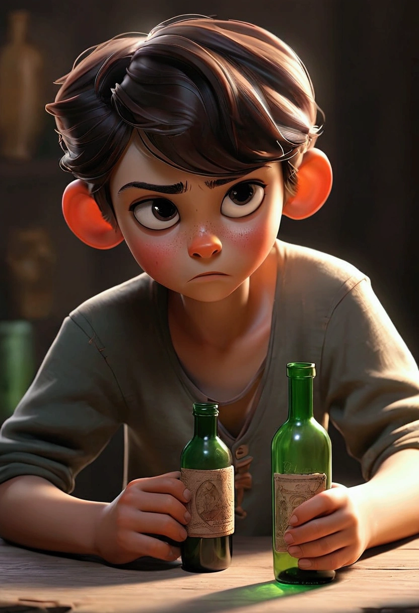 "The boy receives a glass bottle labeled ,boy same as other picture