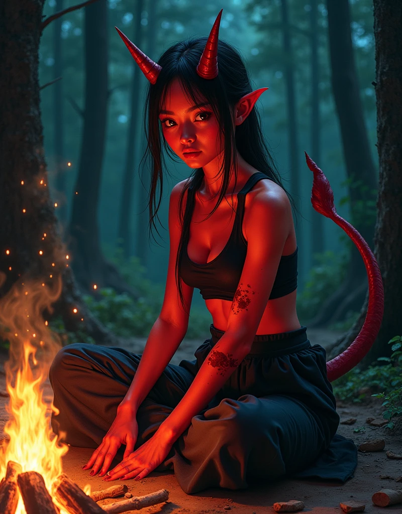 A scene of primal, Photo Realistic unbridled savagery deep within the heart of a dense, unexplored Korean forest. In the center, a young feral woman, her bodies painted with intricate tribal tattoos and adorned with bones and feathers, surround a makeshift campfire. her eyes, filled with a mix of hunger and primitive excitement, reflect the flickering flames as they feast upon the flesh of her latest captive. The naked female cannibals, each possessing a distinct, animalistic beauty, are caught in various stages of carnage: one gnaws ravenously on a freshly severed limb, while another sharpen a crude knife against a whetstone, eager for her next cut. The background is a tableau of horror, with impaled heads mounted on spikes, skulls arranged