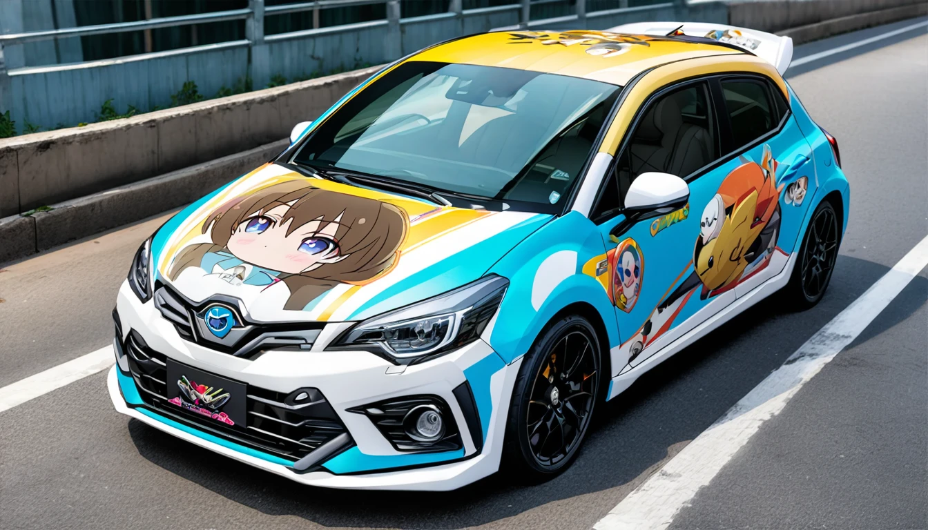 Anime Character Decoration Car, Car photography,  The car is vividly designed with anime character decals all over.,