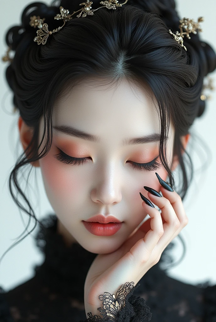 (photorealism:1.2), Oriental art woman, face with closed eyes, Strong art makeup for the face, mysterious hairstyle, relaxed pose, realistic, intricate details, long nail art, work art, white background