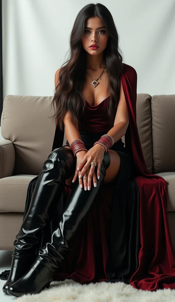4k ultra realistic high quality 3d model of gorgeous beautiful Indian girl (Punjabi mix himachali) sitting on couch in the center of the professional fashion photoshoot in the professional studio with white background sheet, She looked stunning in her tight salwar and kameez suit that perfectly accentuated her curves, and a pair of thigh-high black patent leather boots that added an edge to her style. Her wedding necklace glinted in the sunlight, and the red bangles on her wrists clinked softly as they moved. Her silky straight long hairs are untied. With aesthetic studio lights and shadows. photoreal image. Boss girl attitude. slave Husband licking her boots, cleaning them. Photorealistic. Detailed and attractive. Femdom goddess with her mom