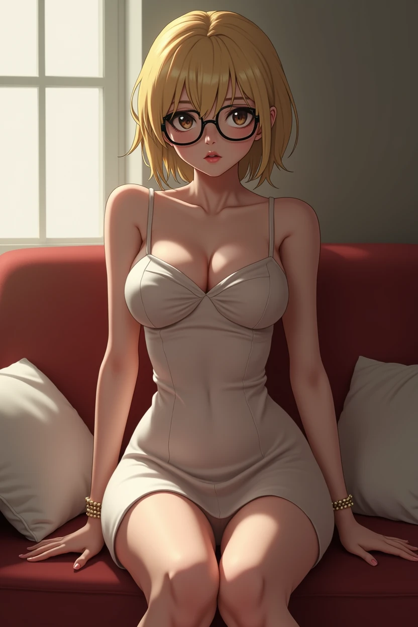 Blonde girl with short hair wearing sexy glasses and a dress (Same as the suggested image)