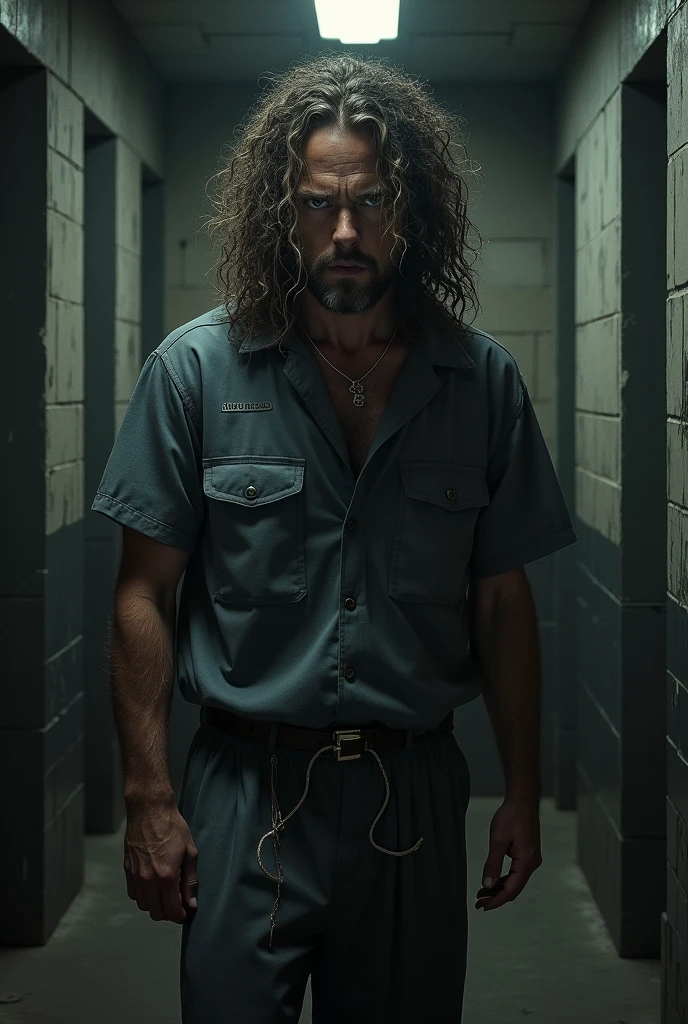 Rude guy in a Jail and giving attitude he has long and curly hair 