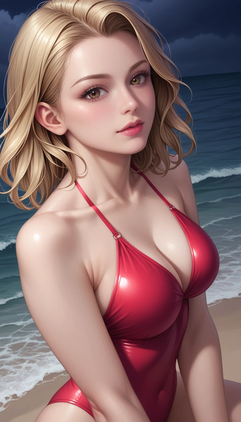 score_9, score_8_superior, score_7_superior, High-resolution CG illustration,A masterpiece in 32K resolution,Highest quality,it is really amazing,Very detailed,Ultra-high resolution,Ultra-realistic,Realistic,Increased depth of field,Cinematic lighting,
Sexy mature Japan woman,
Blonde straight medium hair,Ultra-detailed and beautiful face,Calm and gentle look,Beautiful brown eyes,Translucent white skin,Realistic skin texture,Great proportions,
Elegant red swimsuit,
Simple design,Chic color scheme based on red,Detailed fabric texture,
(Dark overcast sky on a dull night:1.1),(Dark clouds filling the sky:1.1),Thundercloud,Coastline at night,Stormy seas,delay々A desolate sandy beach that continues,
Kneeling on the sand,High angle,