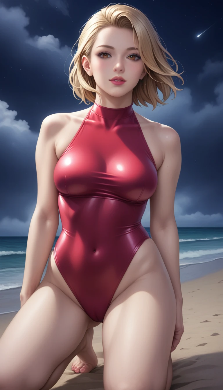 score_9, score_8_superior, score_7_superior, High-resolution CG illustration,A masterpiece in 32K resolution,Highest quality,it is really amazing,Very detailed,Ultra-high resolution,Ultra-realistic,Realistic,Increased depth of field,Cinematic lighting,
Sexy mature Japan woman,
Blonde straight medium hair,Ultra-detailed and beautiful face,Calm and gentle look,Beautiful brown eyes,Translucent white skin,Realistic skin texture,Great proportions,
Elegant red swimsuit,
Simple design,Chic color scheme based on red,Detailed fabric texture,
(Dark overcast sky on a dull night:1.1),(Dark clouds filling the sky:1.1),Thundercloud,Coastline at night,Stormy seas,delay々A desolate sandy beach that continues,
Kneeling on the sand,High angle,