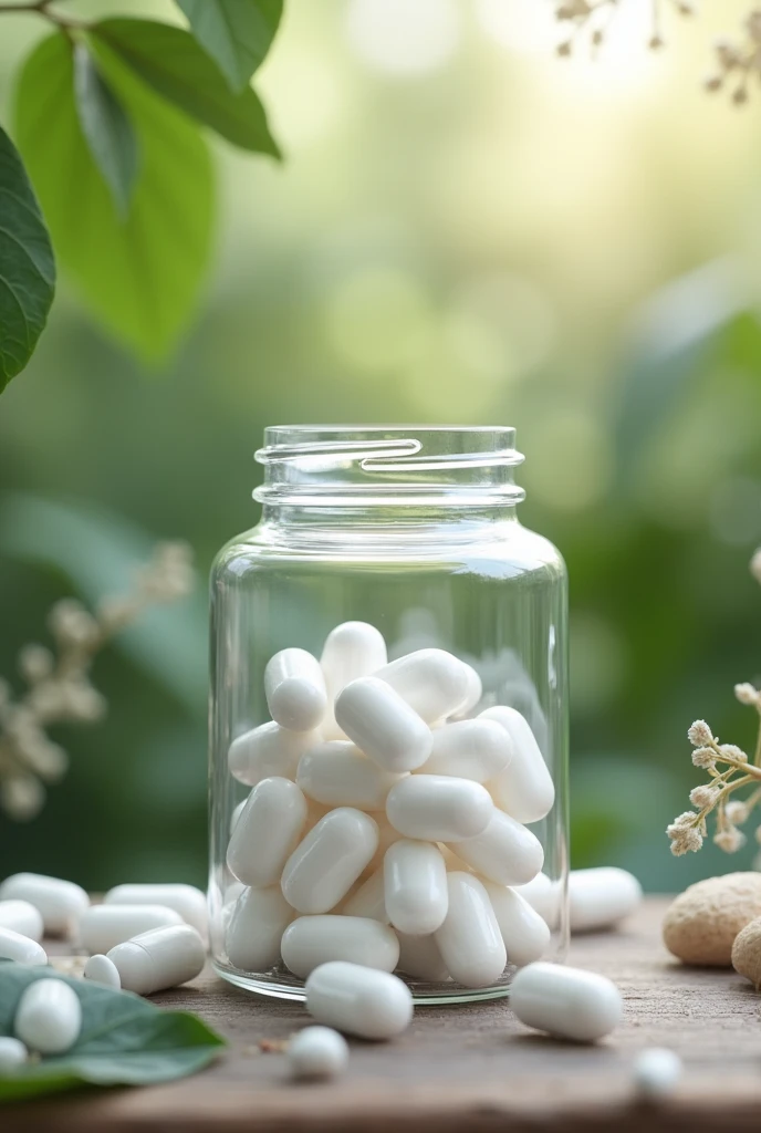 Photos of large white capsules inside a glass jar with a lid, nature vibe background
