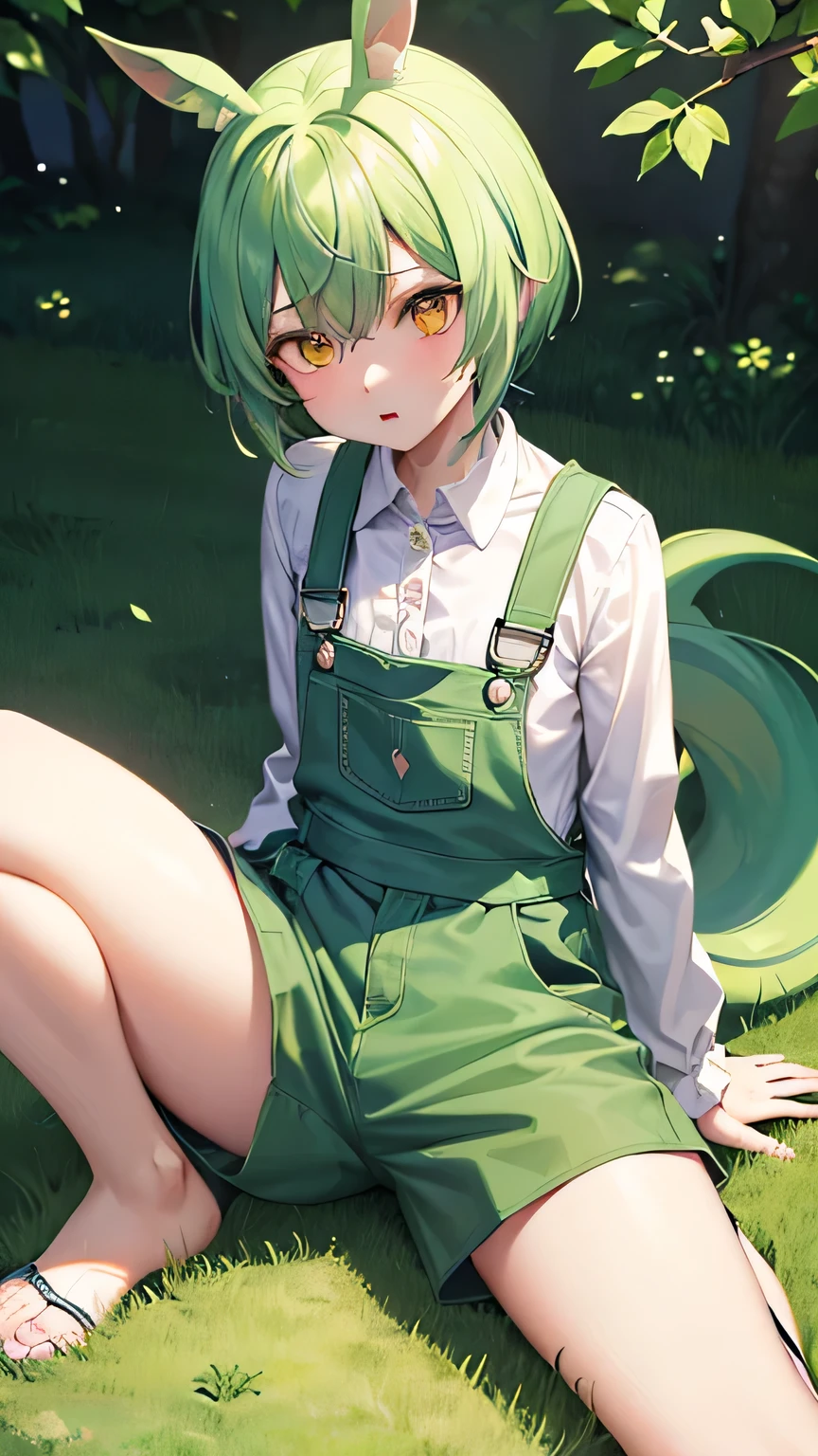 (Realistic painting style:0.9), masterpiece, Highest quality, NSFW, draw, illustration, best quality, bed, beautiful detailed eyes, 1girl, 0, kawaii, deformation, tachi-e,white skin, spread legs,short hair, straight hair ,light green hair ,old style, (green overalls), hair between eyes ,(light green ears), (light green dog ears),( white frilled white polo shirt), (pig Tail hair), green bermuda shorts, ((Yellow eyes)),Look up here