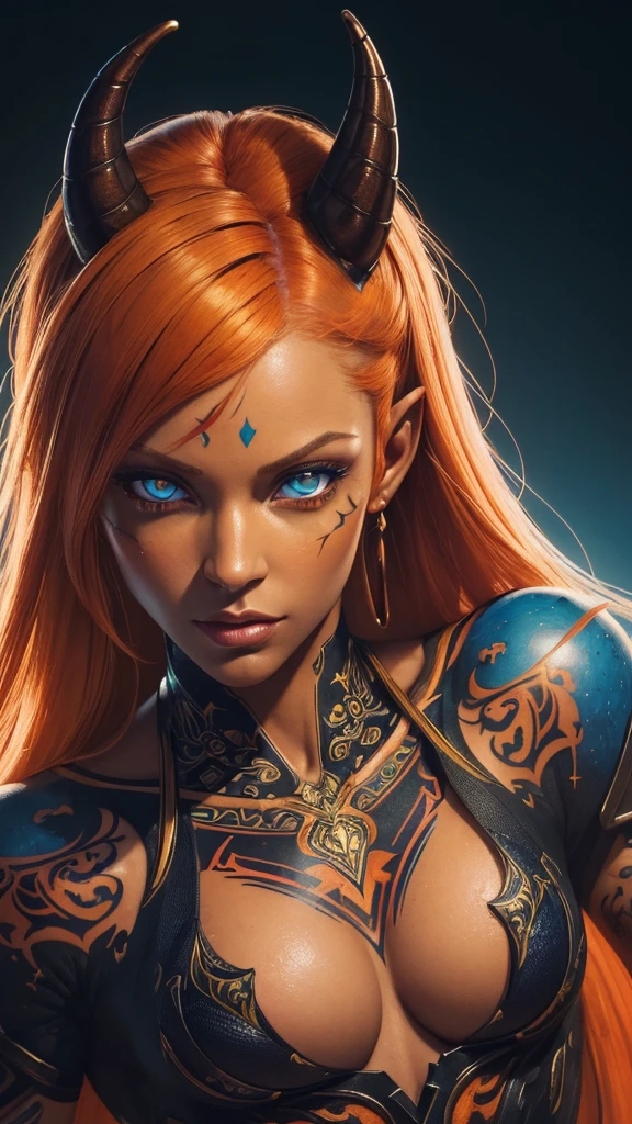 (((Masterpiece))), (((Best Quality: 1.4))), ((Super Detail: 1.4)) , hyper detailed gouache painting of a female Tiefling, gorgeous exotic features, amber neon eyes:1.5,  orange hair, hyper detailed face features, expressivo face, detailed textures, blue skintone, tattoos, natural skin shader, volumetrics, warm undertones under her skin, ultra High resolution