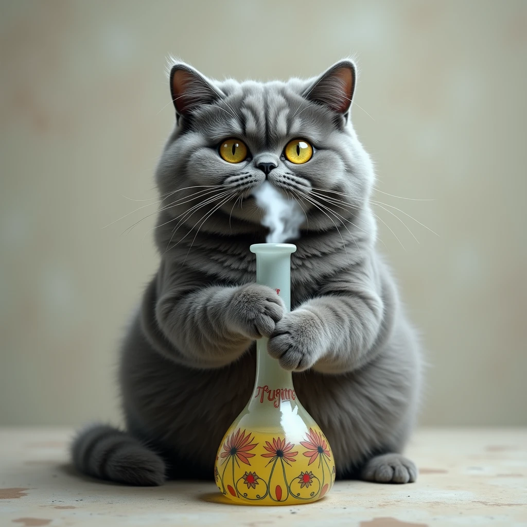 gray cat smoking from a bong 
