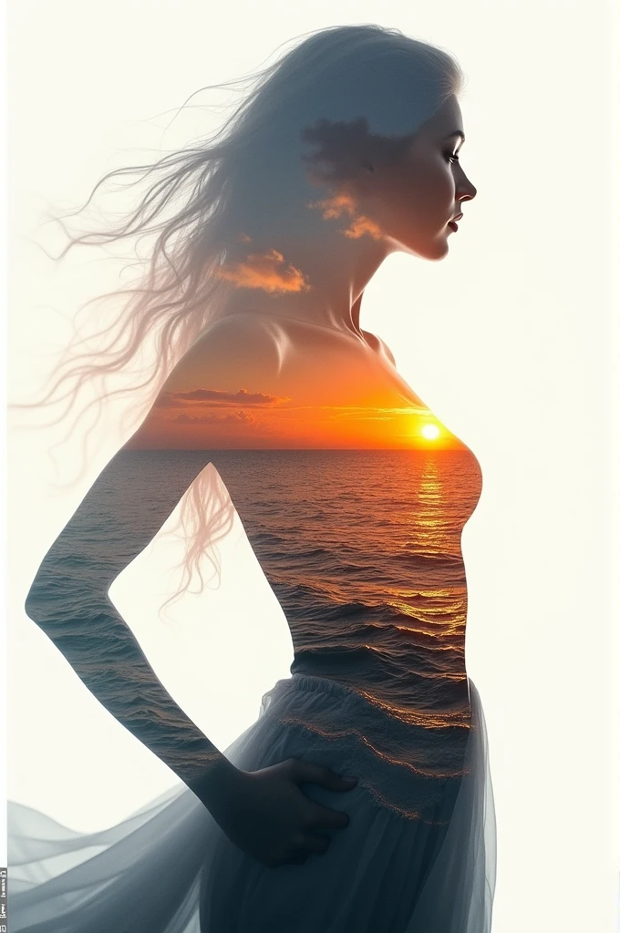 high quality, 8K Ultra HD, A beautiful double exposure that combines an goddess silhouette with sunset coast, sunset coast should serve as the underlying backdrop, with its details incorporated into the goddess , crisp lines, The background is monochrome, sharp focus, double exposure, by yukisakura, awesome full color,