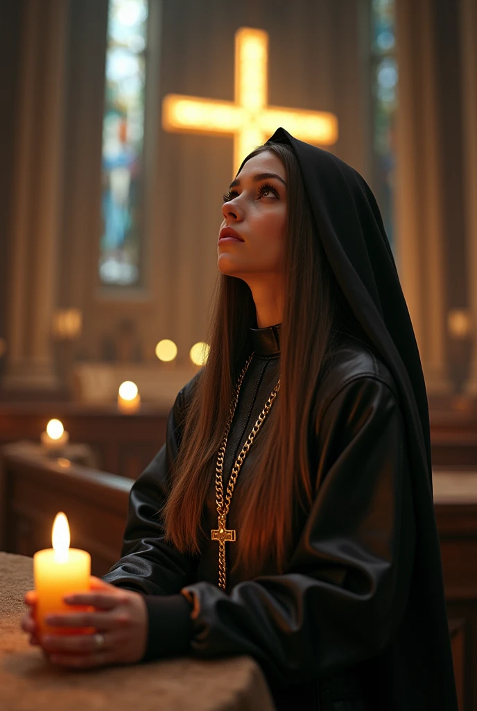 ((best quality)), ((masterpiece)), (detailed), airbrushed dream paiting style, beautiful european girl,nun, like a dream, dark eyes, very long straight ironed light brown hair combed back, leather, holding gold chain with cross, praying, nice church, big glowing cross, altar, candle, night, table ,