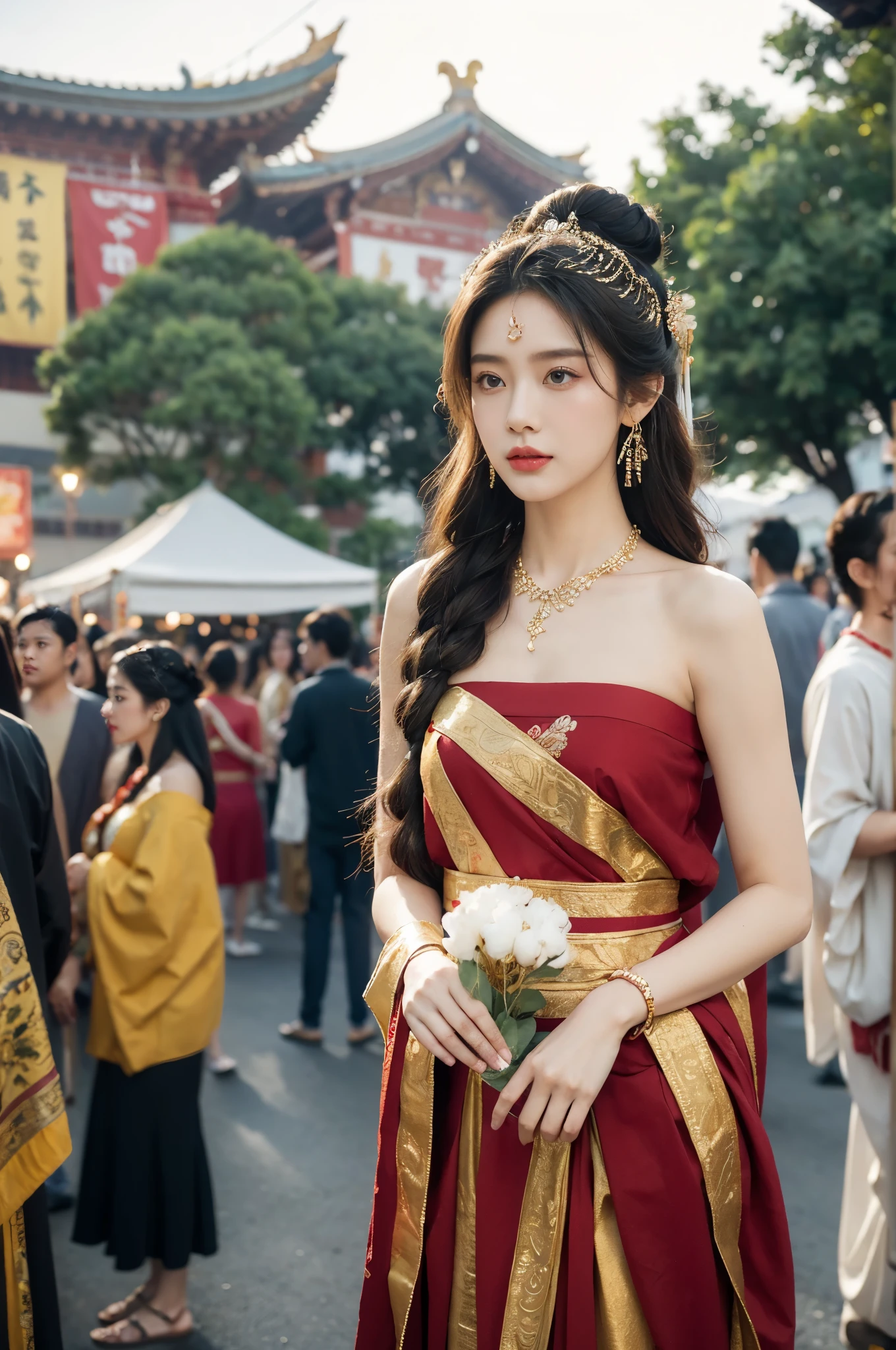(((best quality))),(((ultra detailed))),(((masterpiece))),illustration,
((1 beautiful young girl,solo)),(bun hair:1.2)((slim,thin)),((small breasts,flat chest)),attractive, traditional Chinese attire,(Gorgeous and intricate headdress:1.3),((earrings,intricate necklace)),(strapless Exquisite embroidered maxi sleeveless sparkled dress:1.3),(slender legs:1.2),(standing:1.3),vibrant patterns, radiant complexion, joyful expression,(temple fair:1.3), bustling atmosphere, summer afternoon, sunny weather, cultural festival, street food, roasted skewers, steaming dumplings, sweet cotton candy, stalls, crafts, clothing, appreciative onlookers, sunset, ancient tradition, modern beauty, captivating scene, enchanting,(day scene:1.2),(surrounded by crowded crowds:1.3),((from front,upper body))