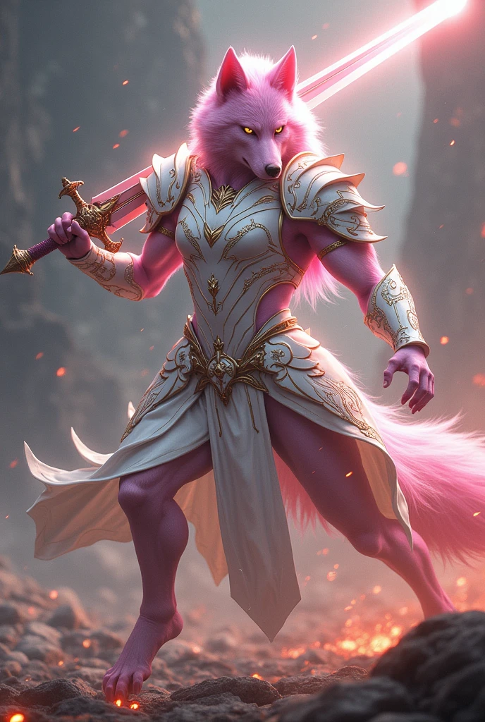 (photorealism:1.2), pink she-wolf with white beautiful armor heineken , sword,battle, legendary