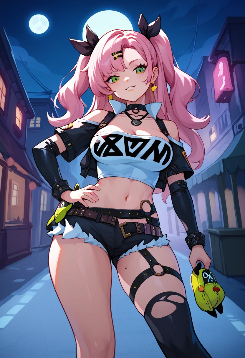 masterpiece, best quality, very detailed, very detailed,illustration, 1 woman, Nicole starts, hair ribbon, hairpin, earring, black collar, tube top, single thigh high, short, cropped jacket, belt, thigh straps, separated sleeves, doll, standing, put hands on hips, cowboy shot, night street, moon 