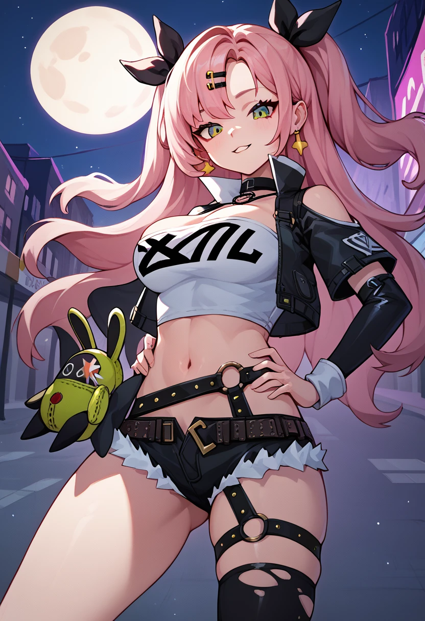 masterpiece, best quality, very detailed, very detailed,illustration, 1 woman, Nicole starts, hair ribbon, hairpin, earring, black collar, tube top, single thigh high, short, cropped jacket, belt, thigh straps, separated sleeves, doll, standing, put hands on hips, cowboy shot, night street, moon 