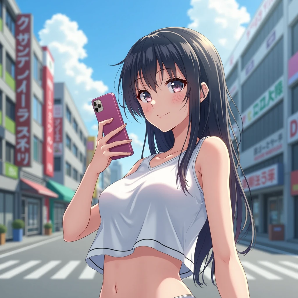 Highest quality, masterpiece, Ultra-high resolution, Very detailed, 1 person, Japanese schoolgirl, Beauty,A face as well-proportioned as a Japanese idol's, Black Hair, Long Hair, White tank top,　mini skirt,　Slender body, Large Breasts, A town like Shibuya in Japan, summer, sunny, Look at the iPhone in your hand, Upper Body, Correct Size, Five Fingers,