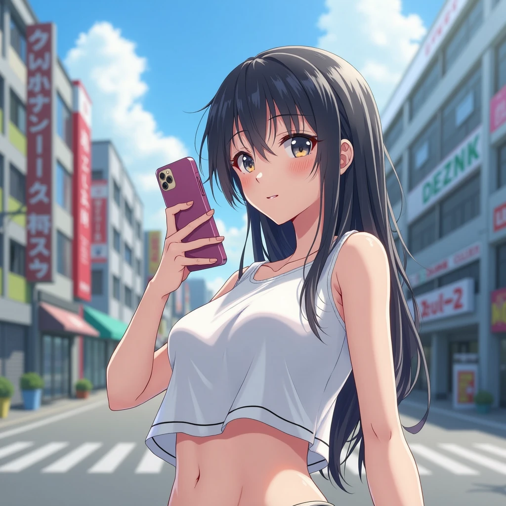 Highest quality, masterpiece, Ultra-high resolution, Very detailed, 1 person, Japanese schoolgirl, Beauty,A face as well-proportioned as a Japanese idol's, Black Hair, Long Hair, White tank top, mini skirt, Slender body, Large Breasts, A town like Shibuya in Japan, summer, sunny, Look at the iPhone in your hand, Upper Body, Correct Size, Five Fingers,