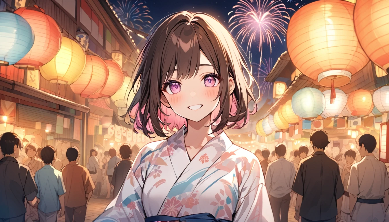 good looking, 1 person,1 person,Medium Hair, Dark brown hair, Pink highlights on the tip, Pale pink eyes,Smile Facial,yukata,Fireworks in the night sky,festival,Meeting