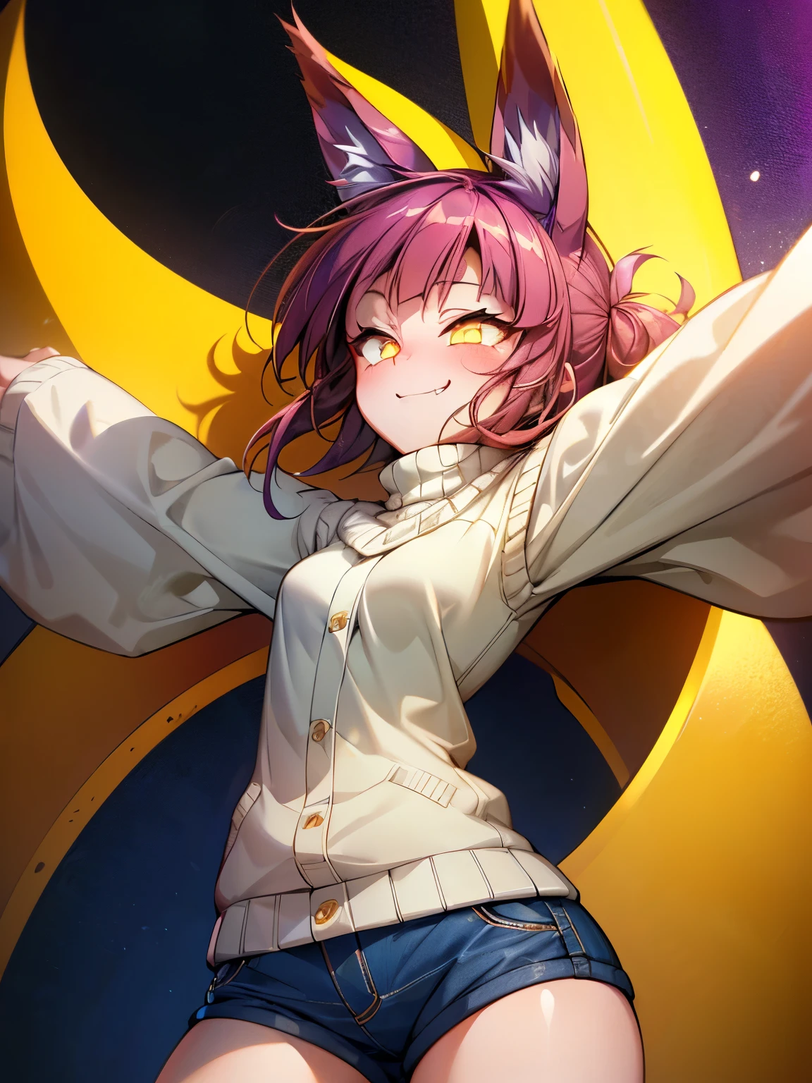 photorealistic, 1girl, saturated violet hair, orange fox ears (1.7), flat chest (1.7), puffed out her cheeks, saturated glowing bright orange eyes, cat-like pupils (2), sandy beach, denim shorts, sweater, narrow waist (2), tired but happy eyes, stretched out her arms for a hug