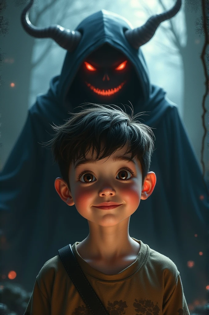Boy cute smile behind demon