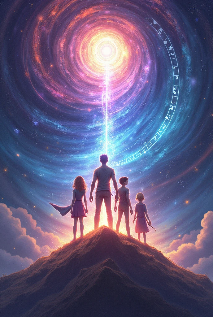 (pThe Melody of the Cosmos
Concept: The cover showcases a grand, swirling vortex of musical notes and cosmic energy, with the universe itself appearing to be shaped by the music. At the center of this vortex is Kara holding musical instrument,  Ren with a protective stance, Aric with a mysterious aura, and Liora ready for action. The background is a blend of deep space and vibrant music notes, creating a sense of infinite possibilities.
Mood: Majestic, epic, and full of cosmic mystery,Dramatic, intense
Make an ebook covered based on this