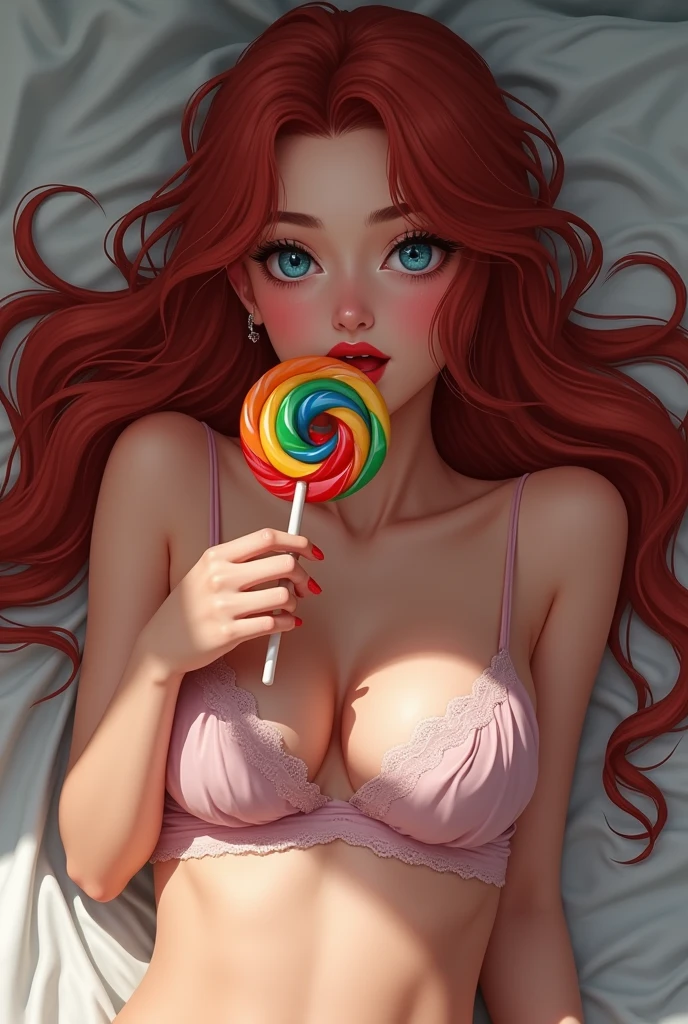 (full body shot:1) photorealistic Anime image of a (laying pose:1) woman, (Anime).,(Oil painting of a woman).,ultrarealistic, photography, long red hair, woman, 24 years old, hourglass figure, perfect body, Flirty look, natural medium breasts, blur background, her wet tongue licking a thick and long rainbow-coloured spiral lollipop, a little bit of saliva is dripping from her tongue, seductive look, long eyelashes, cat-eye make-up