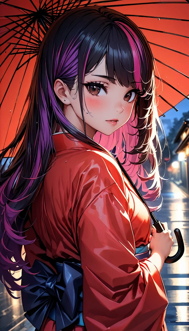 (highest quality:1.2, Very detailed, up to date, Vibrant, Ultra-high resolution, High Contrast, masterpiece:1.2, highest quality, Best aesthetics), Portraiture、girl、((25-years-old:1.7)), (holding up umbrella:1.6), traditional Japanese kimono, long sleeve, red kimono, loose fit, Bright colors、Beautiful fine details、Beautiful lip detail, long hair、black and purple ((streaked hair:1.6)), highlights hair: 1.5, brown eyes, ((slim body:1.4)), (small breast:0.7), (dark skin:0.5), rainy day, rain night, street in Kyoto, wet street, looking back, upper body