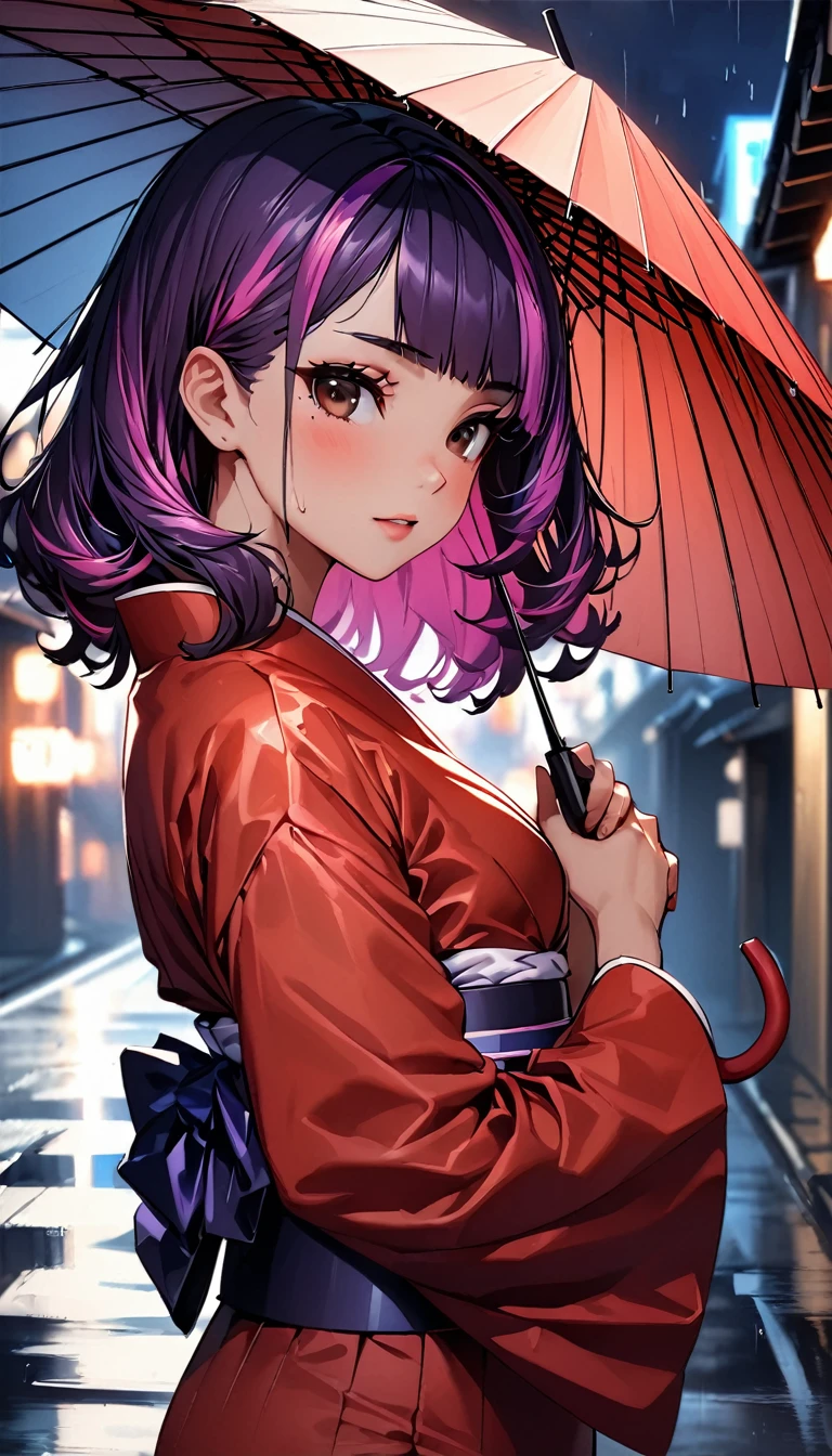 (highest quality:1.2, Very detailed, up to date, Vibrant, Ultra-high resolution, High Contrast, masterpiece:1.2, highest quality, Best aesthetics), Portraiture、girl、((25-years-old:1.7)), (holding up umbrella:1.6), traditional Japanese kimono, long sleeve, red kimono, loose fit, Bright colors、Beautiful fine details、Beautiful lip detail, long hair、black and purple ((streaked hair:1.6)), highlights hair: 1.5, brown eyes, ((slim body:1.4)), (small breast:0.7), (dark skin:0.5), rainy day, rain night, street in Kyoto, wet street, looking back, upper body