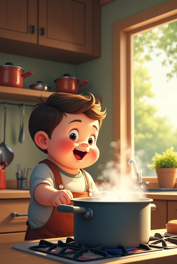 Fat boy boils water in a pot