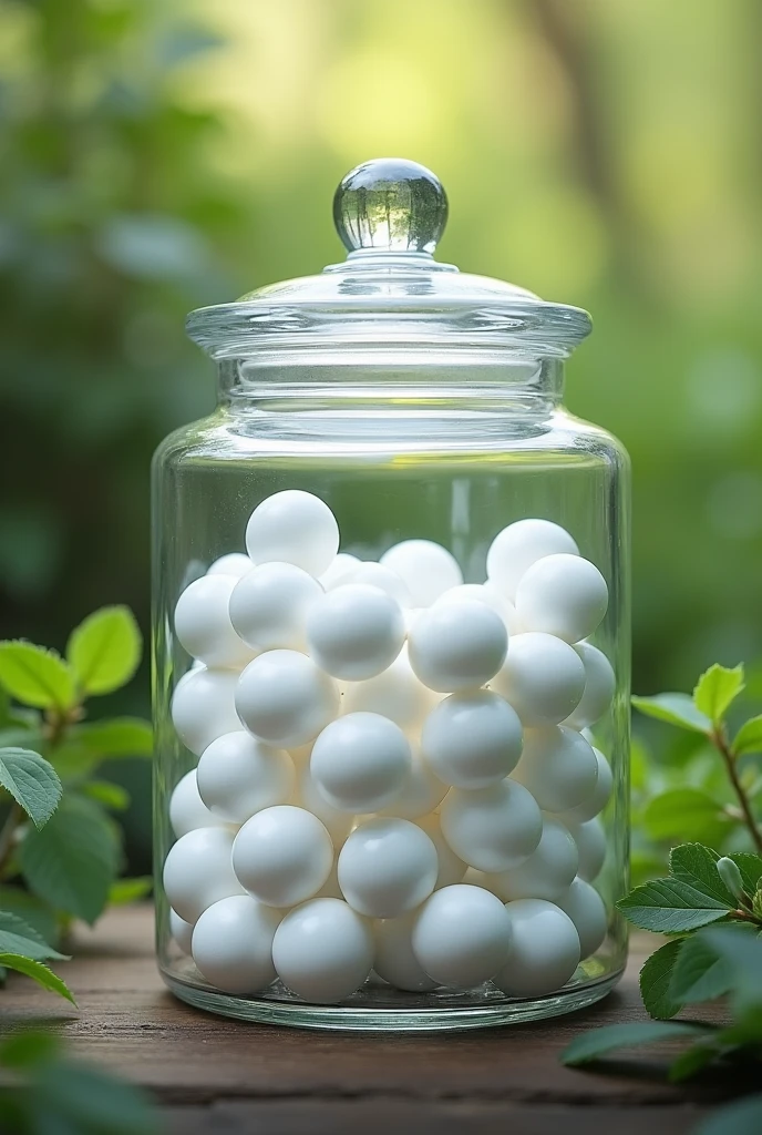 Photos of white rubber capsules inside a glass jar with a lid, nature vibe background
