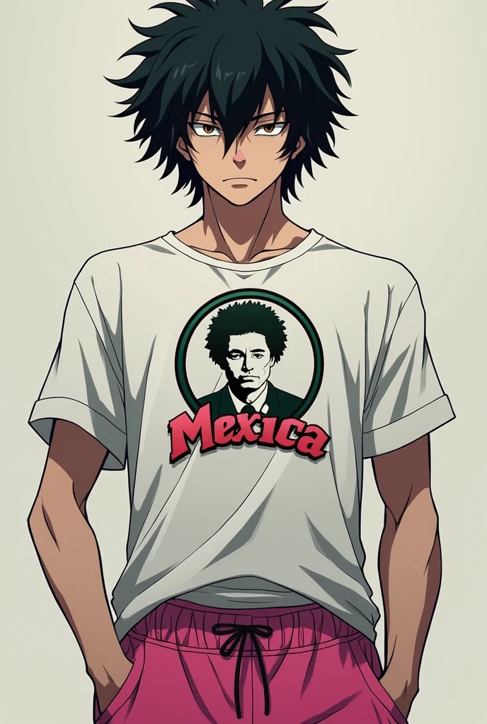 Aizawa Shota from My Hero Academia wearing a shirt with a Mexican political party logo and pink sweatpants.