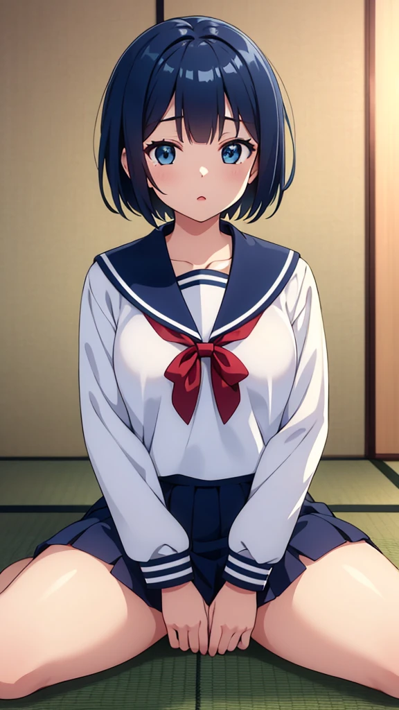 ((masterpiece, Highest quality, Very detailed, Very nice 8K CG wallpaper)), , A little thick, Medium Hair, Blue Hair, short hair, blue eyes,judo player、Sailor style uniforms、Large bust、Sailor suit、mini skirt、judo、Cute expression、InSide the judo GymnaSium、、On the tatami、discovery、One person&#39;S、Full body standing、rest、Haruka Kiritani、Bust Size C Cup、幼い頃judo家に育てられた、The strongest woman to win a tournament、Nine、The strongest woman who defeated the bully、Sweating