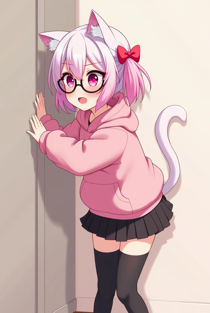 I have pink white hair, cat ears, a bow, My face is super blushing, black glasses, pink heart eyes, a big pink sweatshirt, a skirt under her skirt a black short, black stockings, White shoes, a cat's tail, A very shy girl I'm hitting you against a wall grabbing her butt
