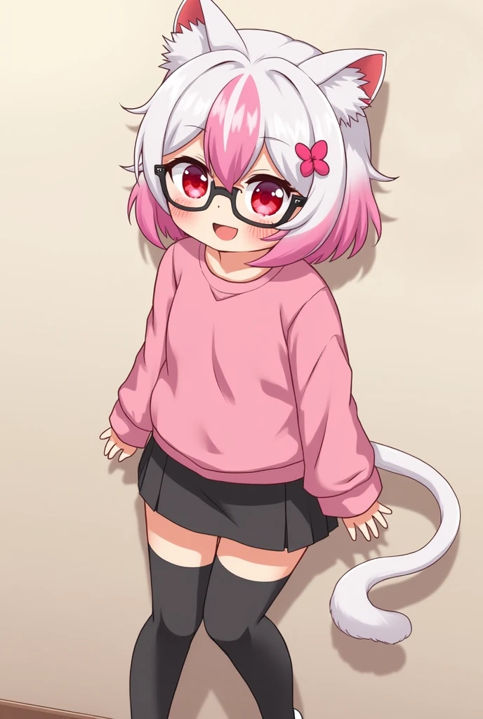 I have pink white hair, cat ears, a bow, My face is super blushing, black glasses, pink heart eyes, a big pink sweatshirt, a skirt under her skirt a black short, black stockings, White shoes, a cat&#39;s tail, A very shy girl I&#39;m hitting you against a wall grabbing her butt