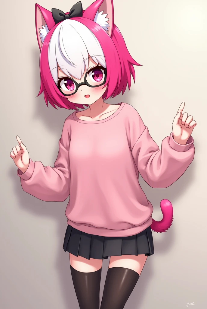 I have pink white hair, cat ears, a bow, My face is super blushing, black glasses, pink heart eyes, a big pink sweatshirt, a skirt under her skirt a black short, black stockings, White shoes, a cat's tail, A very shy girl I'm hitting you against a wall grabbing her butt