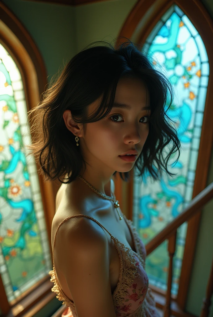 Masterpiece 32K RAW photo with best quality, ultra-detailed and insanely intricate. A dynamic angle captures a mysterious scene with spiral theme, featuring an 18-year-old beautiful Japanese girl with fair skin, kawaii features. She has brown, big eyes, casual wavy medium hair, detailed skin, and wears a detailed dress with intricate fabric, a necklace, and earrings. She looks with her arm up, standing near a spiral staircase surrounded by walls made of stained glass.