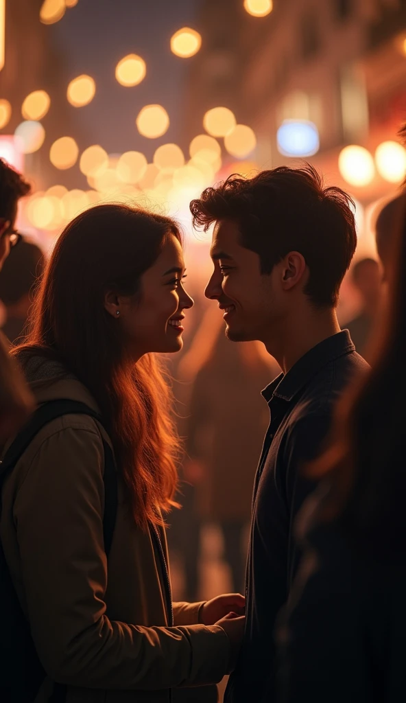 "An intimate moment between two people in a crowded place, with all focus on them. The scene captures a girl and a boy, both smiling warmly at each other. They are surrounded by people, but the background is blurred, emphasizing their connection. The girl looks directly at the boy, and the boy gazes only at her. They are not on their phones, but instead are sharing a genuine face-to-face interaction. The lighting is soft and warm, creating a cozy and romantic atmosphere. The background elements suggest that they are in a modern city, perhaps in a café or a park, but these details are secondary to the emotions they are sharing. No social media or digital elements are present, just pure human connection."