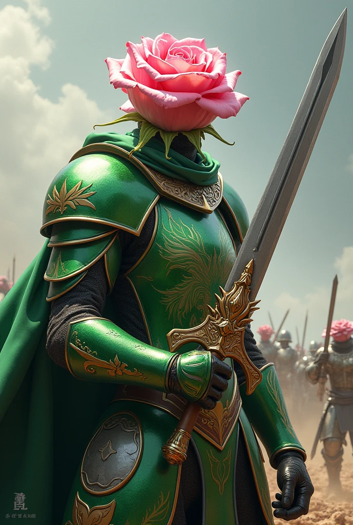 (photorealism:1.2), Beautiful pink rose with white, Heineken armor , sword,battle, legendary