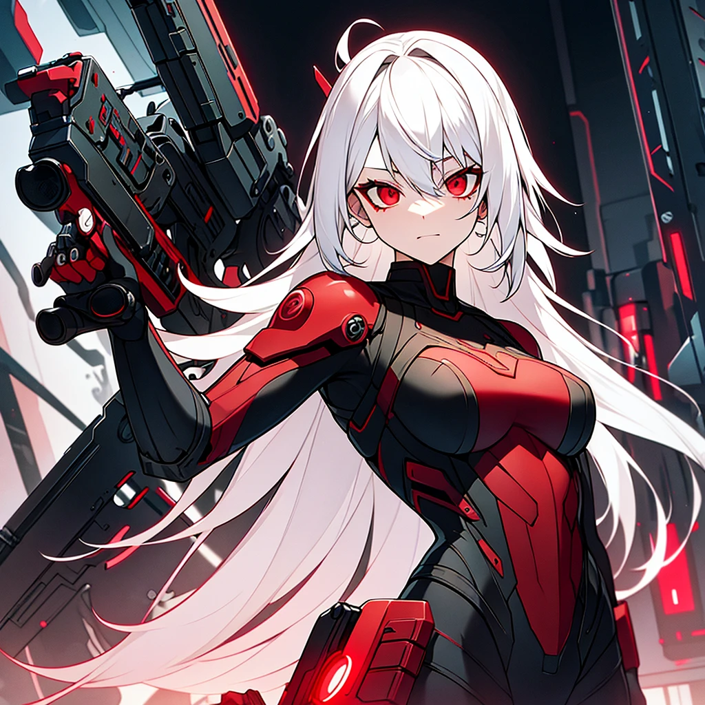 Iron Girl,white hair,red eyes,Holding a red shotgun with black patterns,cyberpunk,