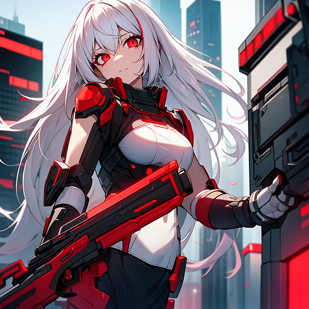 Iron Girl,white hair,red eyes,Holding a red shotgun with black patterns,cyberpunk,