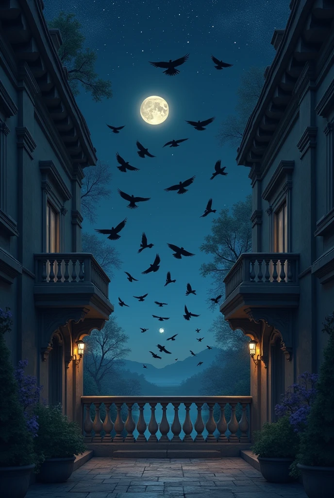 A balcony of a building with a space in the middle, the night, with crows around